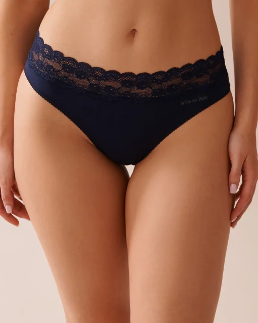 la Vie en Rose Cotton Panties|Bikini>Cotton and Lace Band Bikini Panty Navy Blue