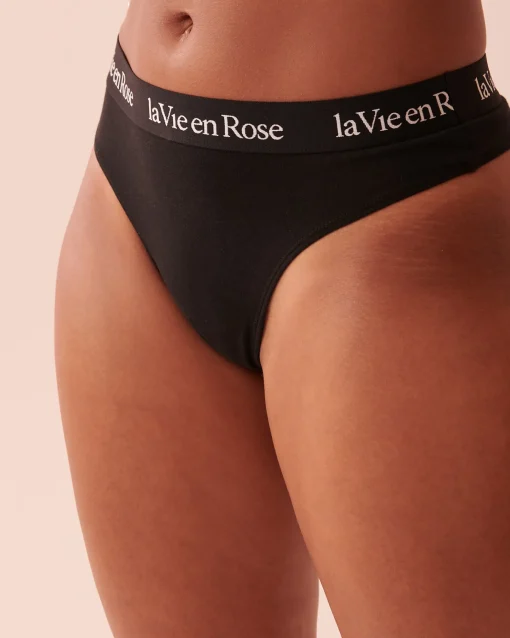 la Vie en Rose Cotton Panties|Thong>Cotton and Logo Elastic Band Thong Panty Black