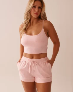 la Vie en Rose Cotton Pajamas|Tops>Cotton Crop Cami with Shelf Bra Pink & White Polka Dot