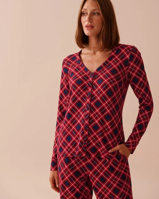 la Vie en Rose The Peachy Dream Collection|Tops>Diagonal Plaid Super Soft V-neck Button-front Top Blue & Red Diagonal Plaid