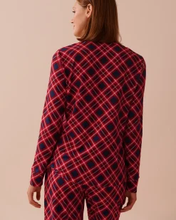 la Vie en Rose The Peachy Dream Collection|Tops>Diagonal Plaid Super Soft V-neck Button-front Top Blue & Red Diagonal Plaid