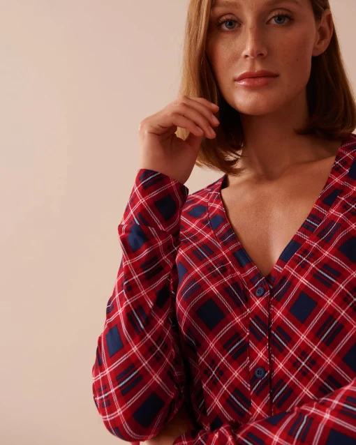 la Vie en Rose The Peachy Dream Collection|Tops>Diagonal Plaid Super Soft V-neck Button-front Top Blue & Red Diagonal Plaid