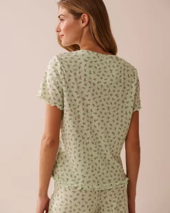 la Vie en Rose Tops></noscript>Ditsy Floral Print Lettuce Edge Pointelle T-shirt Small Bouquets