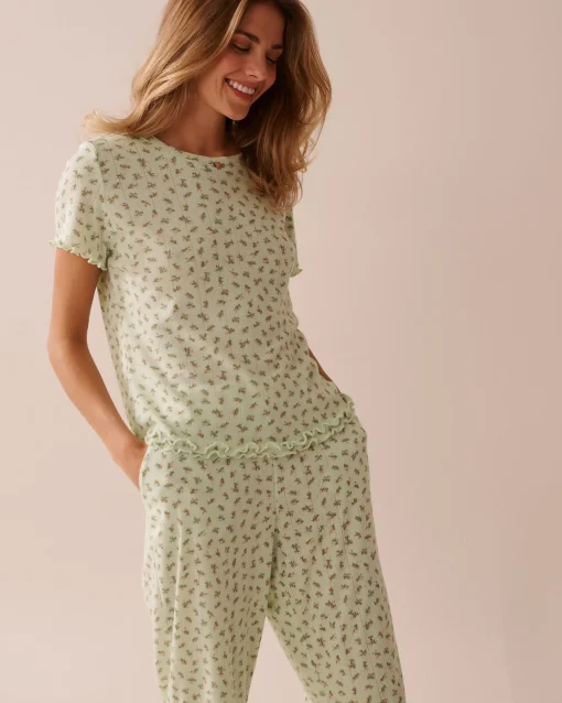 la Vie en Rose Tops>Ditsy Floral Print Lettuce Edge Pointelle T-shirt Small Bouquets