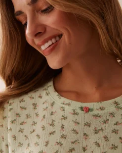 la Vie en Rose Tops></noscript>Ditsy Floral Print Lettuce Edge Pointelle T-shirt Small Bouquets