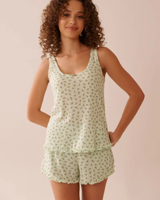 la Vie en Rose Tops>Ditsy Floral Print Lettuce Edge Pointelle Cami Small Bouquets