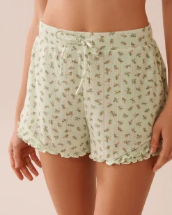 la Vie en Rose Bottoms>Ditsy Floral Print Lettuce Edge Pointelle Pajama Shorts Small Bouquets
