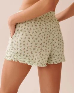 la Vie en Rose Bottoms>Ditsy Floral Print Lettuce Edge Pointelle Pajama Shorts Small Bouquets