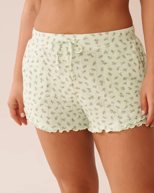 la Vie en Rose Bottoms>Ditsy Floral Print Lettuce Edge Pointelle Pajama Shorts Small Bouquets