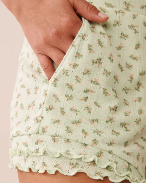 la Vie en Rose Bottoms>Ditsy Floral Print Lettuce Edge Pointelle Pajama Shorts Small Bouquets