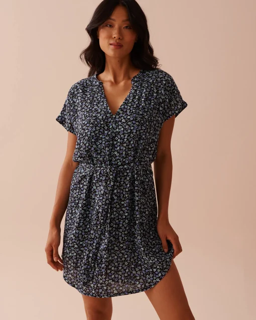 la Vie en Rose Beachwear>Floral Gauze Short Dress Periwinkle Flowers