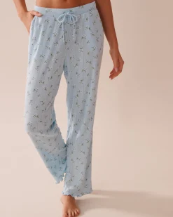 la Vie en Rose Bottoms>Floral Print Lettuce Edge Pointelle Pajama Pants Blue/Hydrangeas