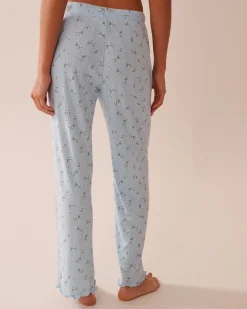 la Vie en Rose Bottoms></noscript>Floral Print Lettuce Edge Pointelle Pajama Pants Blue/Hydrangeas