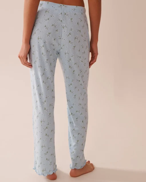 la Vie en Rose Bottoms>Floral Print Lettuce Edge Pointelle Pajama Pants Blue/Hydrangeas