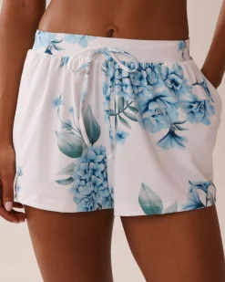 la Vie en Rose The Peachy Dream Collection|Bottoms>Hydrangea Print Super Soft Pajama Shorts Blue Hydrangea Garden