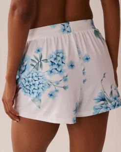 la Vie en Rose The Peachy Dream Collection|Bottoms>Hydrangea Print Super Soft Pajama Shorts Blue Hydrangea Garden