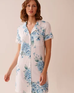 la Vie en Rose The Peachy Dream Collection|Nightshirts>Hydrangea Print Super Soft Button-down Sleepshirt Blue Hydrangea Garden