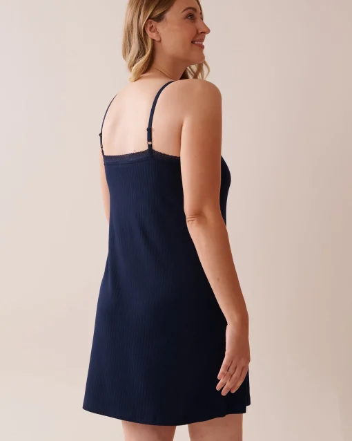 la Vie en Rose Nightshirts>Lace Trim Ribbed Jersey Nightie Navy Blue