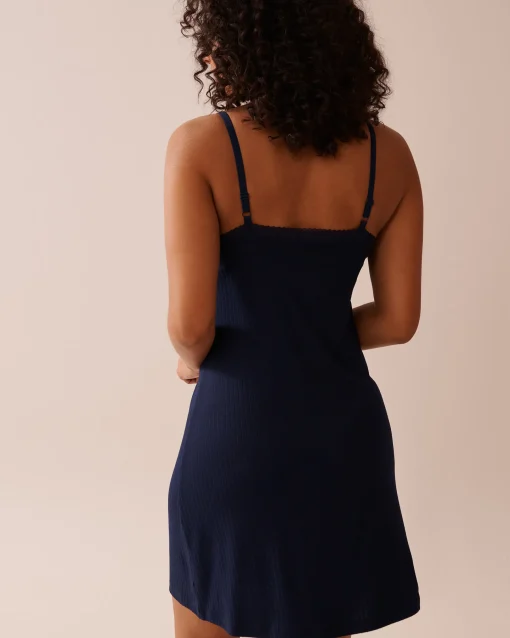 la Vie en Rose Nightshirts>Lace Trim Ribbed Jersey Nightie Navy Blue