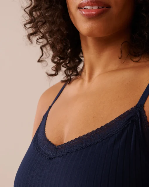 la Vie en Rose Nightshirts>Lace Trim Ribbed Jersey Nightie Navy Blue