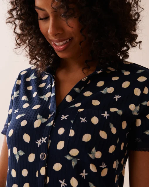la Vie en Rose Nightshirts>Lemon Print Lace Trim Ribbed Jersey Sleepshirt Navy Blue/Lemons