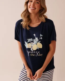 la Vie en Rose The Peachy Dream Collection|Tops>Lemon Print Super Soft Loose Fit T-shirt Navy Blue