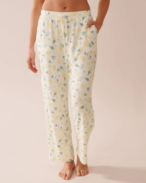 la Vie en Rose The Peachy Dream Collection|Bottoms>Lemon Print Super Soft Pajama Pants White/Lemons