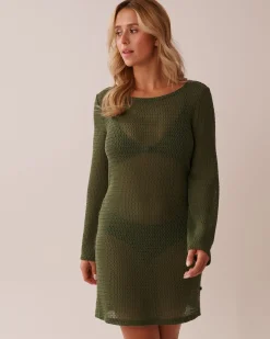 la Vie en Rose Texture Play|On Neutral Ground>Long Sleeve Crochet Tunic Olive Green