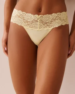 la Vie en Rose Thong>Microfiber and Wide Lace Band Thong Panty Lemon Yellow