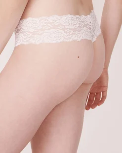 la Vie en Rose Thong>Microfiber and Wide Lace Band Thong Panty White