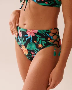 la Vie en Rose Bottoms>Lace Up High Waist Cheeky Bikini Bottom Midnight Tropics