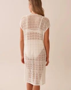 la Vie en Rose Texture Play|On Neutral Ground>Open-Front Crochet Caftan Coconut Milk