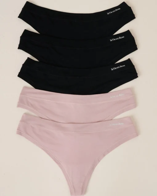 la Vie en Rose Panty Packs|Thong>5-Pack Modal Thong Panty Black/Shadow Grey