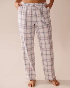 la Vie en Rose Cotton Pajamas|Bottoms>Peach Plaid Cotton Pajama Pants Peach & Blue Stripe