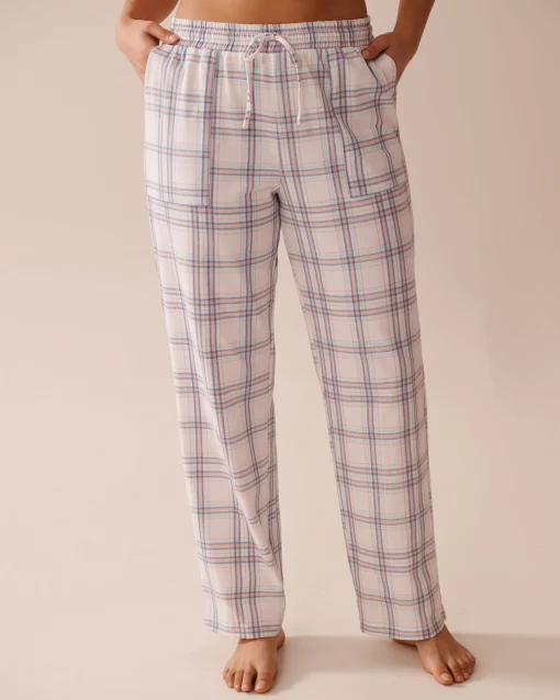 la Vie en Rose Cotton Pajamas|Bottoms>Peach Plaid Cotton Pajama Pants Peach & Blue Stripe