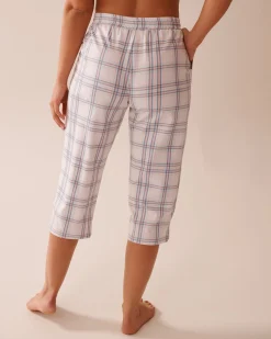 la Vie en Rose Cotton Pajamas|Bottoms>Peach Plaid Cotton Pajama Capris Peach & Blue Stripe