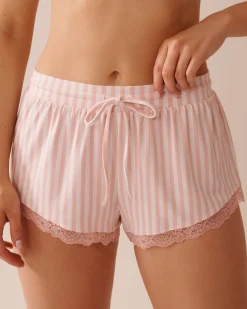 la Vie en Rose The Peachy Dream Collection|Bottoms>Lace Trim Super Soft Pajama Shorts Pink Stripe