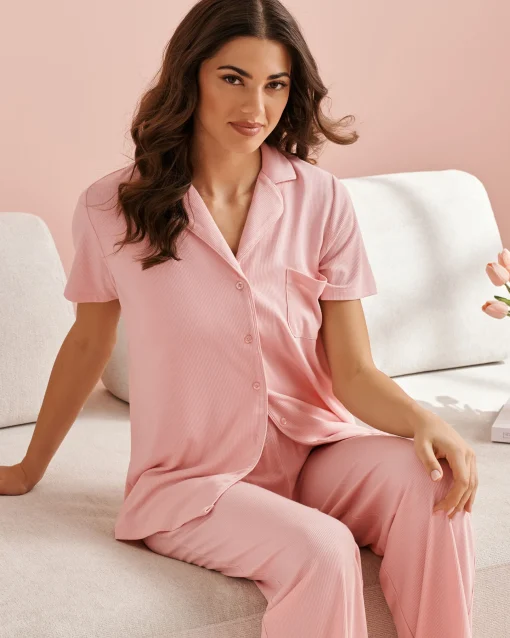 la Vie en Rose Tops|Modal Pajamas>Ribbed Modal Button-down Shirt Peony Pink