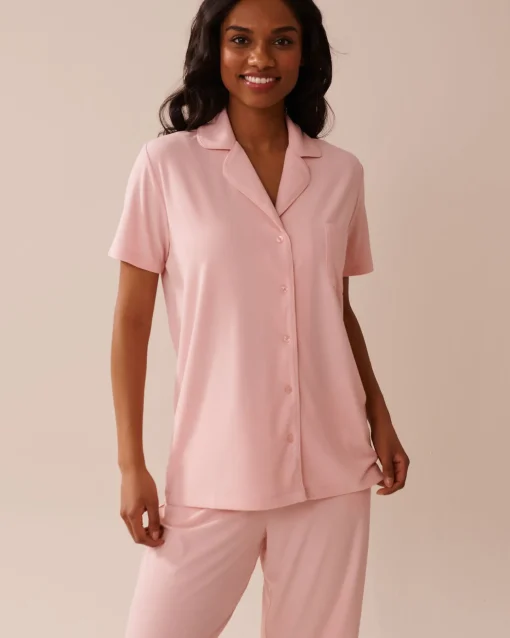 la Vie en Rose Tops|Modal Pajamas>Ribbed Modal Button-down Shirt Peony Pink
