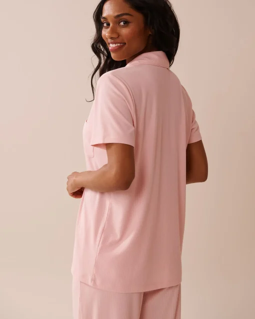 la Vie en Rose Tops|Modal Pajamas>Ribbed Modal Button-down Shirt Peony Pink