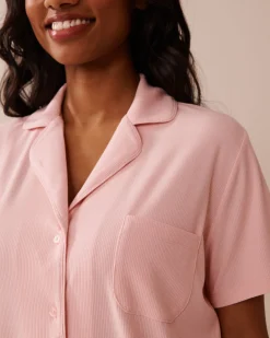 la Vie en Rose Tops|Modal Pajamas></noscript>Ribbed Modal Button-down Shirt Peony Pink