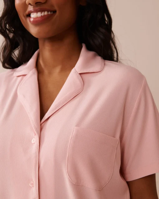 la Vie en Rose Tops|Modal Pajamas>Ribbed Modal Button-down Shirt Peony Pink