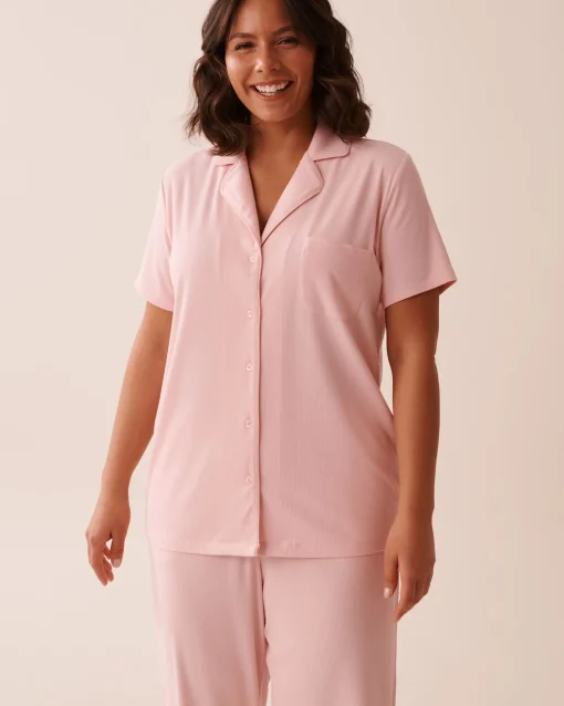 la Vie en Rose Tops|Modal Pajamas>Ribbed Modal Button-down Shirt Peony Pink