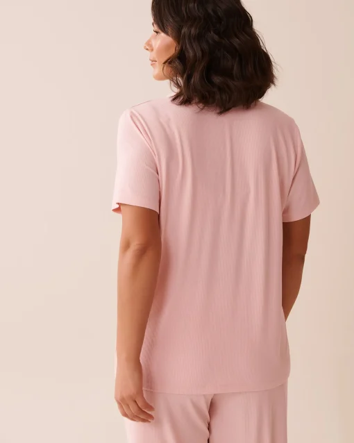 la Vie en Rose Tops|Modal Pajamas>Ribbed Modal Button-down Shirt Peony Pink