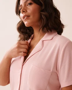 la Vie en Rose Tops|Modal Pajamas></noscript>Ribbed Modal Button-down Shirt Peony Pink