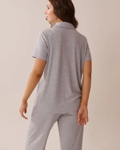 la Vie en Rose Modal Pajamas|Tops>Ribbed Modal Button-down Shirt Grey