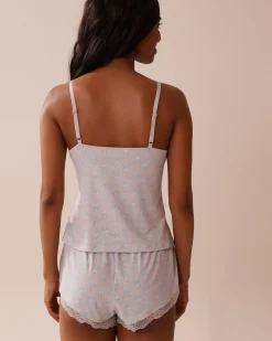 la Vie en Rose The Peachy Dream Collection|Tops>Seashell Print Lace Trim Super Soft Cami Grey/Seashell