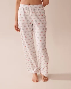 la Vie en Rose The Peachy Dream Collection|Bottoms>Snail Print Lace Trim Super Soft Pajama Pants White/Snail