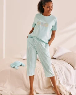 la Vie en Rose Cotton Pajamas|Bottoms>Stripe Print Cotton Pajama Capris Aqua Blue Stripe