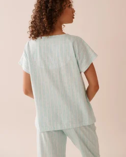 la Vie en Rose Cotton Pajamas|Tops>Stripe Print Cotton T-shirt Aqua Blue Stripe